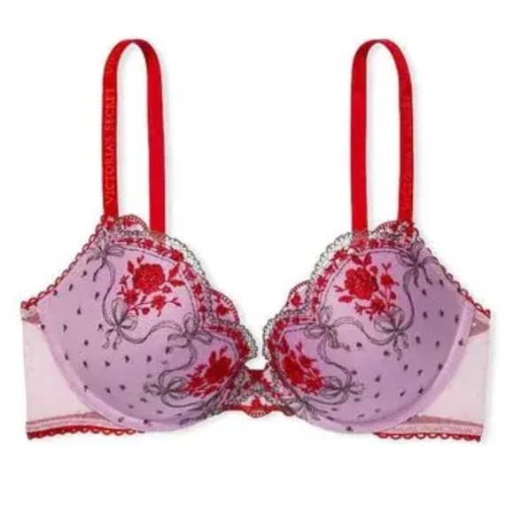 V.S. 2pc Very Sexy "Lipstick Embroidered Rose" Push-Up Bra & Thong Set 32C-Small - Picture 7 of 8